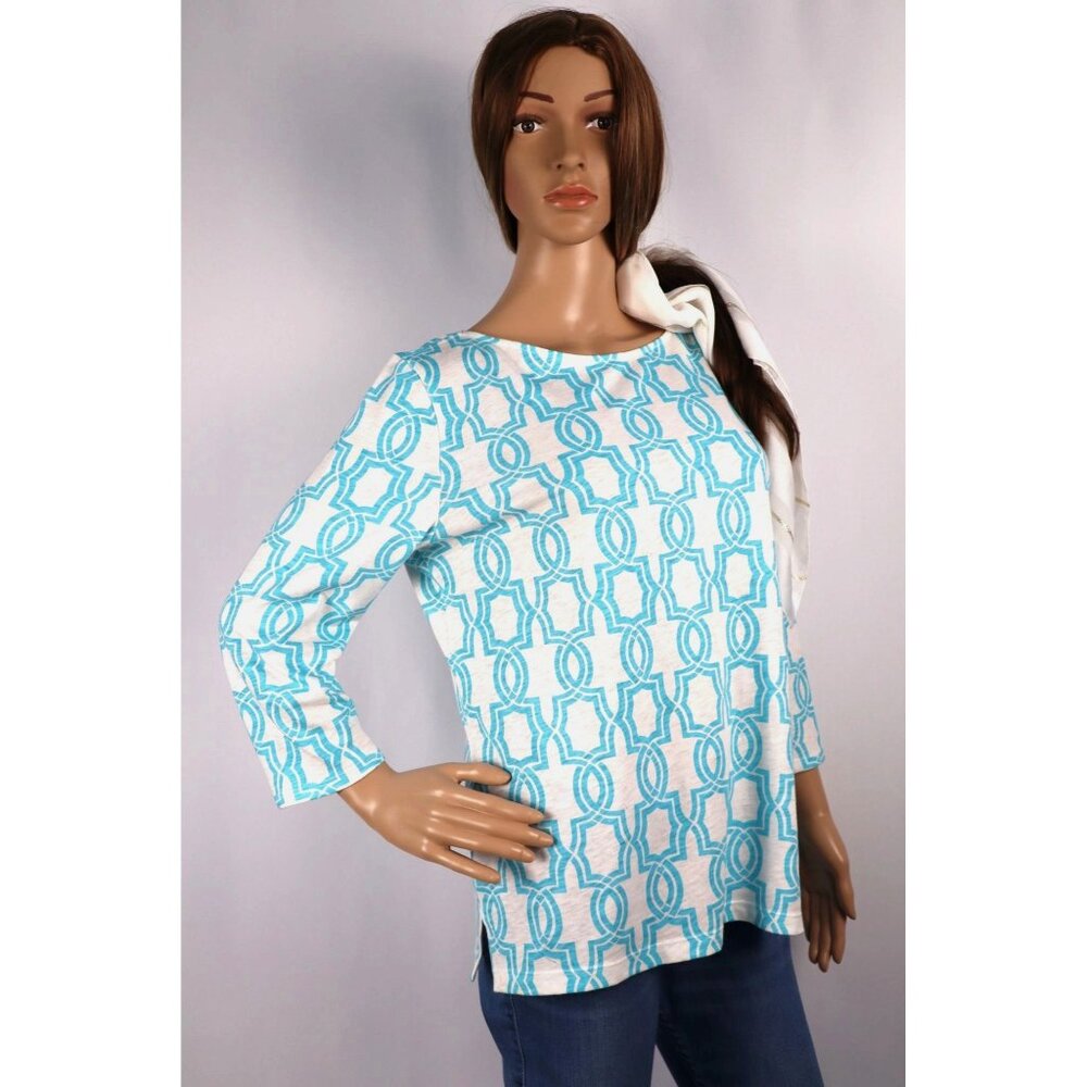 Chico's Geometric Print 3/4 Sleeve Top Turquoise & White Soft‎ Stretchy Size 1